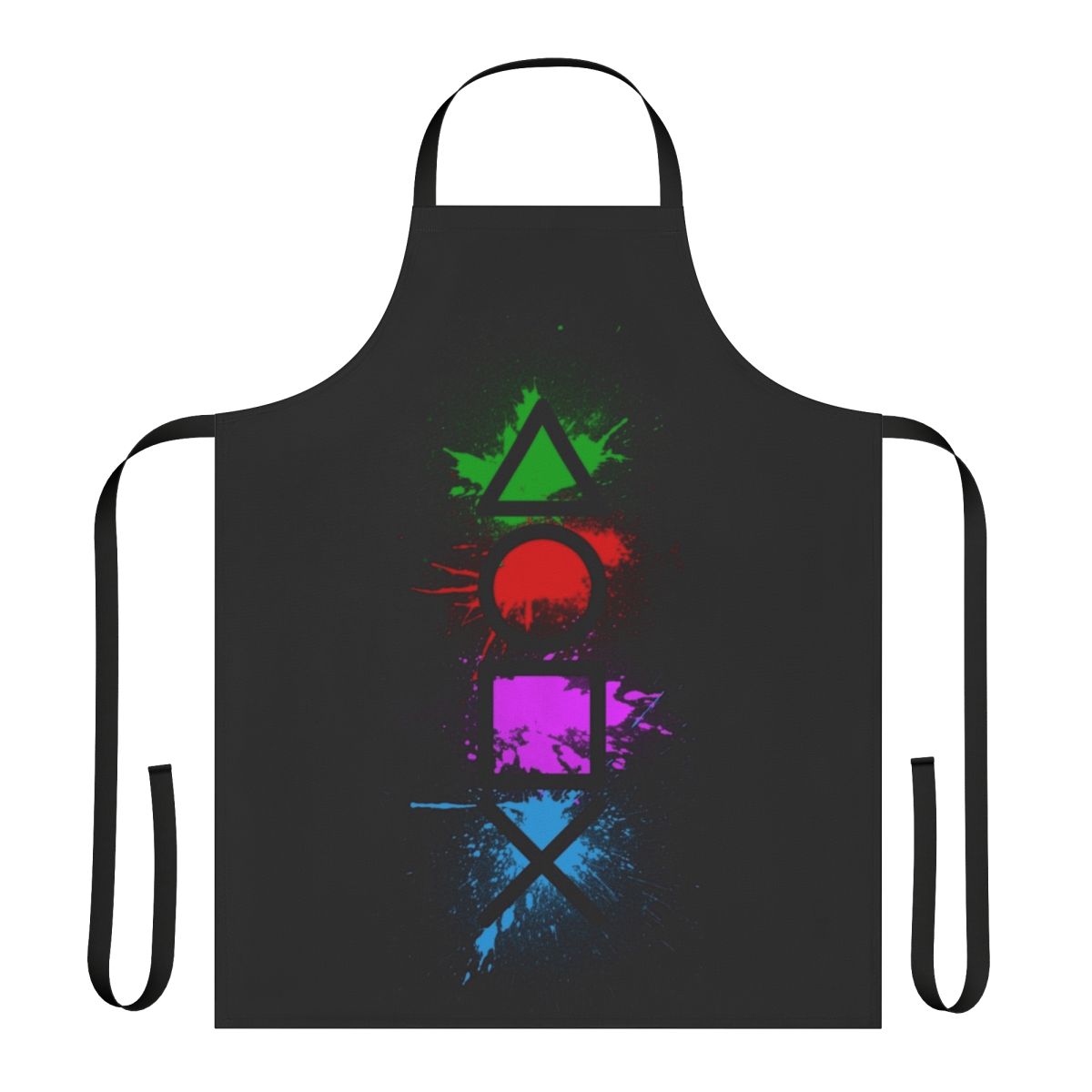 Image of a stylish apron featuring colorful controller buttons and a splatter design, perfect for gamers and video game enthusiasts.