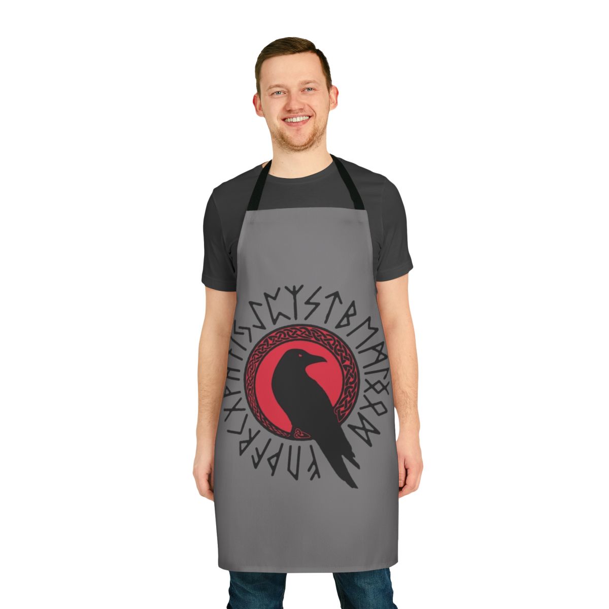 Futhark Apron with Raven, Birds, and Celtic Knots in Black and Red