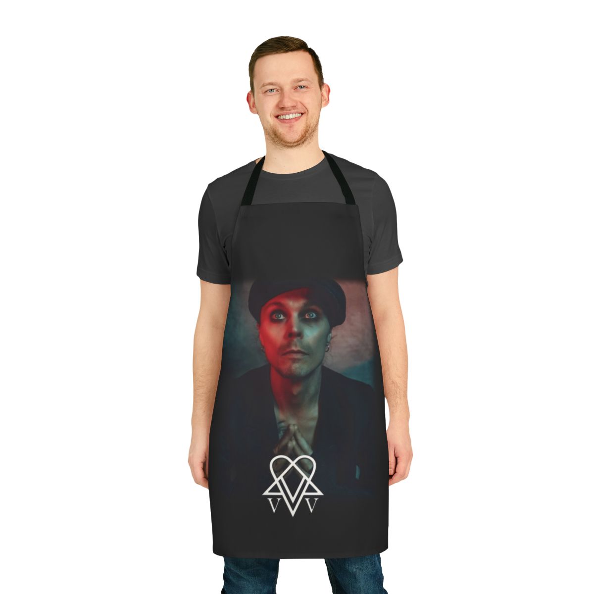 Ville Valo inspired neon noir apron with heartagram and VV logo design