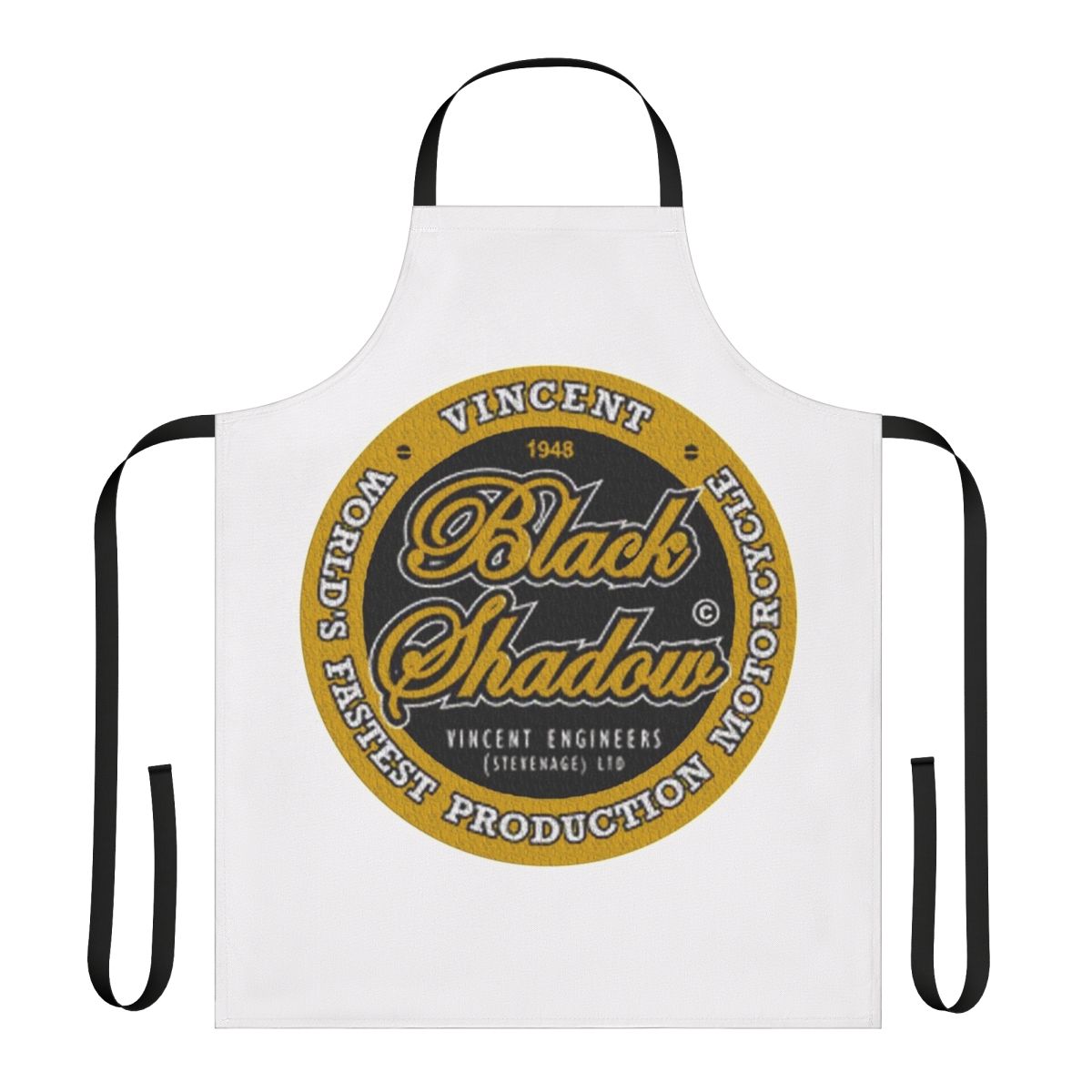 A black apron with a vintage motorcycle design, perfect for the motorcycle enthusiast or vintage lover.