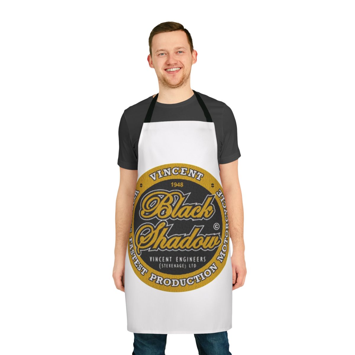 A black apron with a vintage motorcycle design, perfect for the motorcycle enthusiast or vintage lover.
