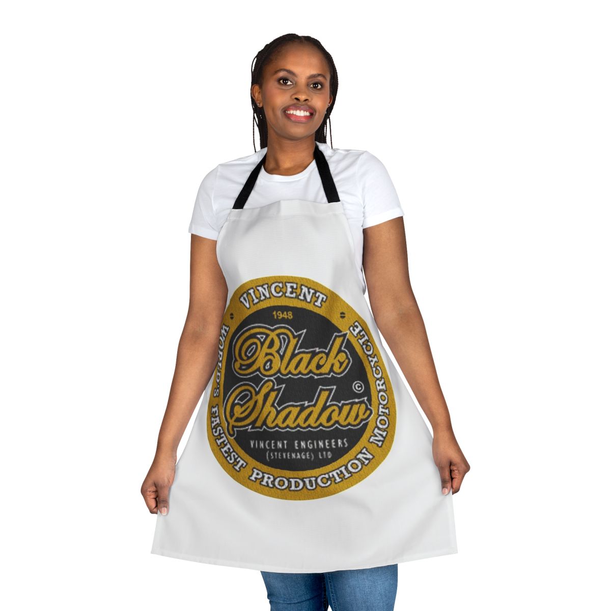 A black apron with a vintage motorcycle design, perfect for the motorcycle enthusiast or vintage lover.