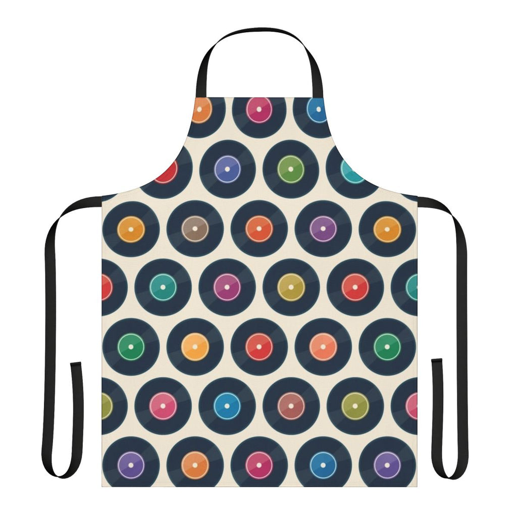 Vinyl record pattern apron with a minimalist, modernist design