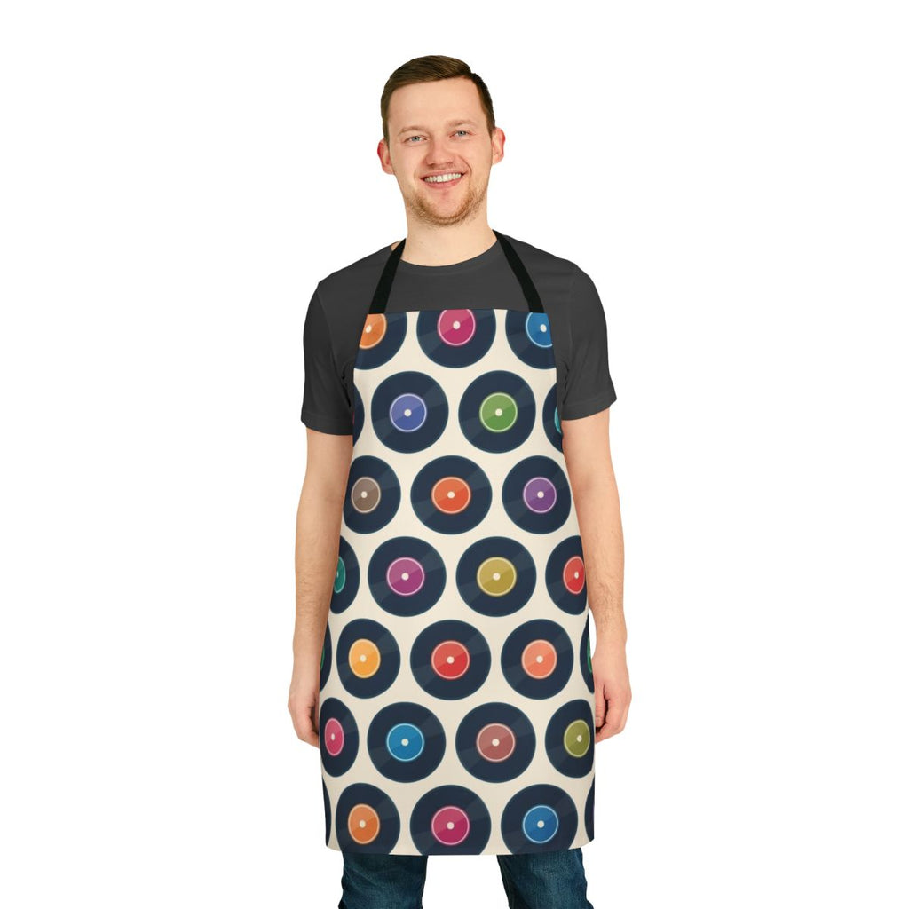 Vinyl record pattern apron with a minimalist, modernist design