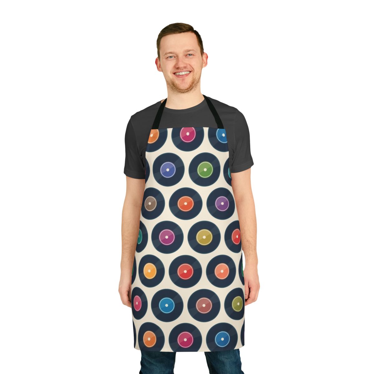 Vinyl record pattern apron with a minimalist, modernist design