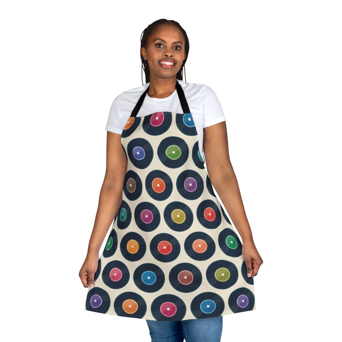 Vinyl record pattern apron with a minimalist, modernist design