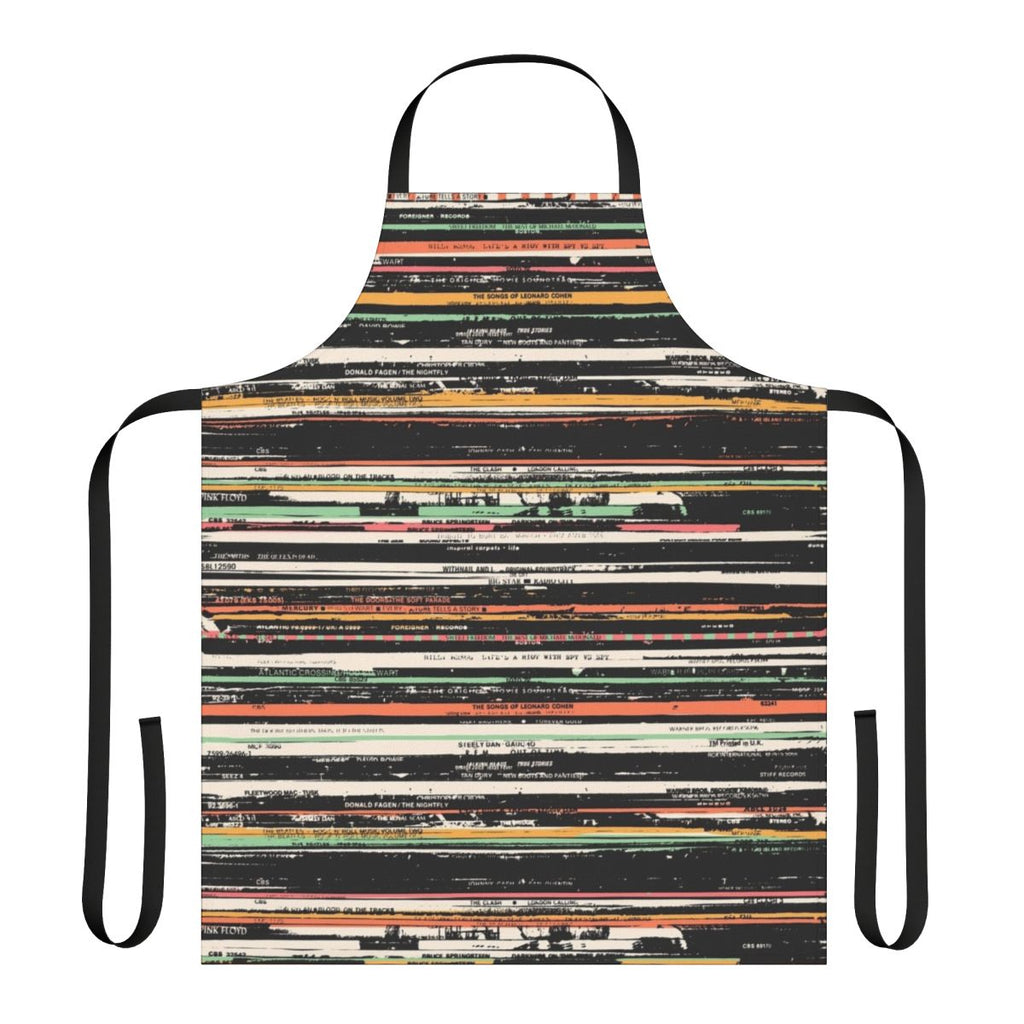 Apron featuring a pattern of stacked vinyl records in various colors