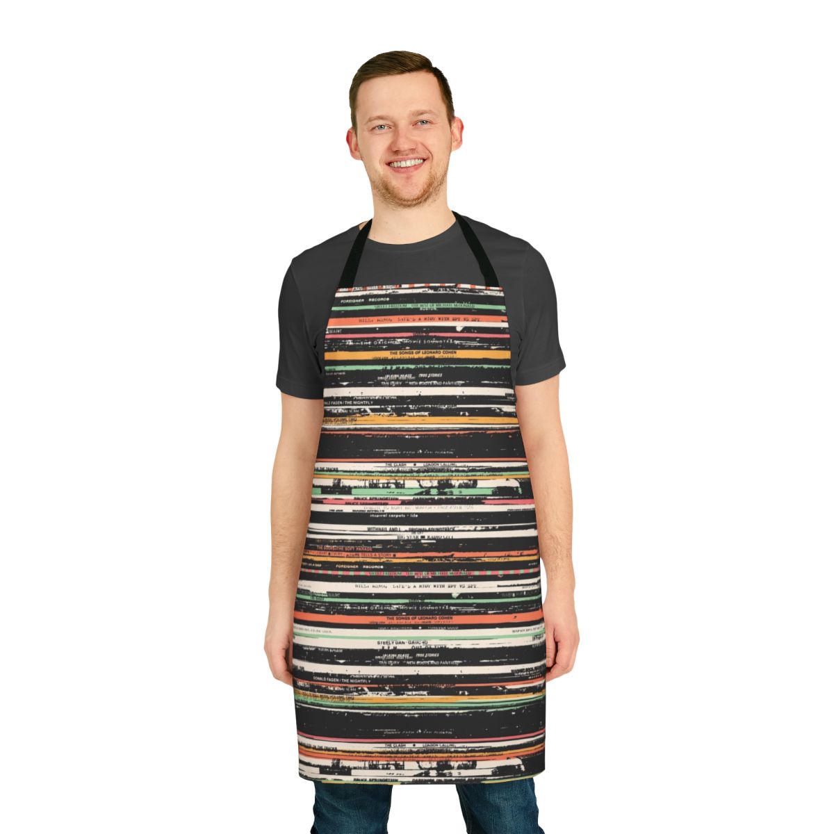 Apron featuring a pattern of stacked vinyl records in various colors