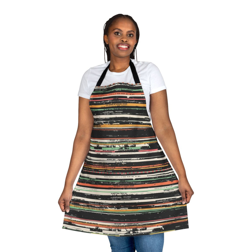 Apron featuring a pattern of stacked vinyl records in various colors