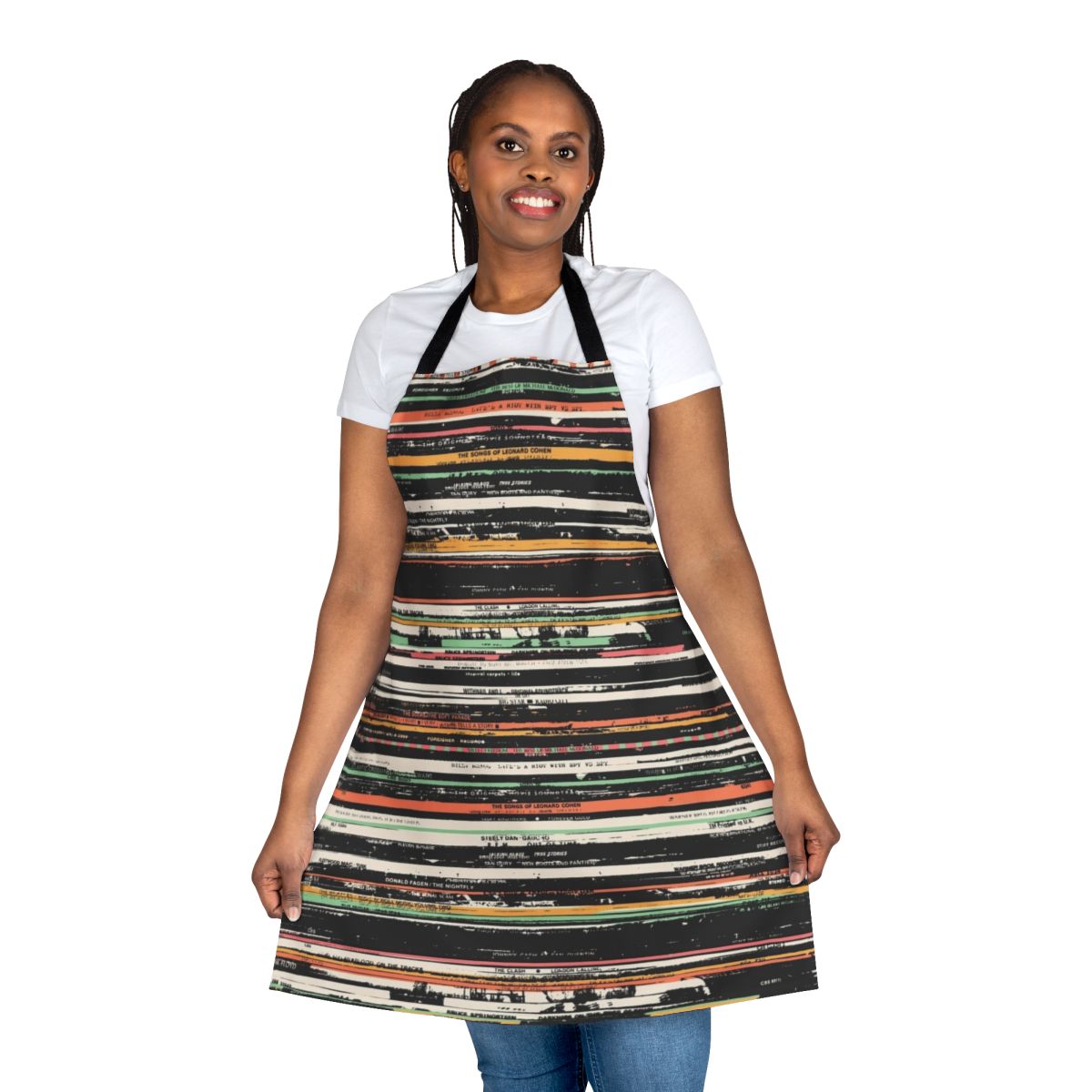 Apron featuring a pattern of stacked vinyl records in various colors
