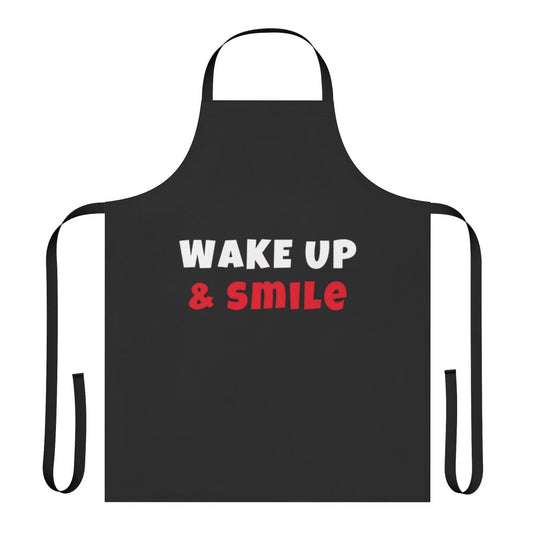 Vibrant apron with "Wake Up and Smile" text and icons representing various activities and hobbies