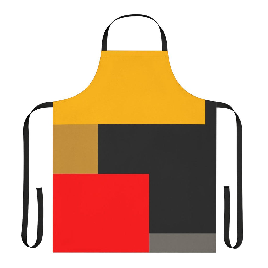 A stylish warm apron featuring a geometric abstract design in yellow, blue, red, white, and gray.