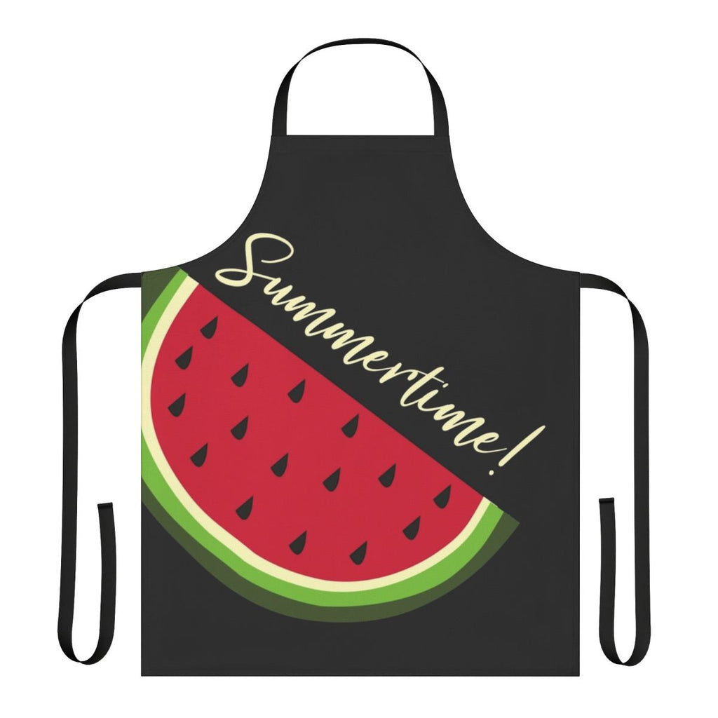 Black apron with vibrant watermelon design, perfect for summer kitchens and barbecues.