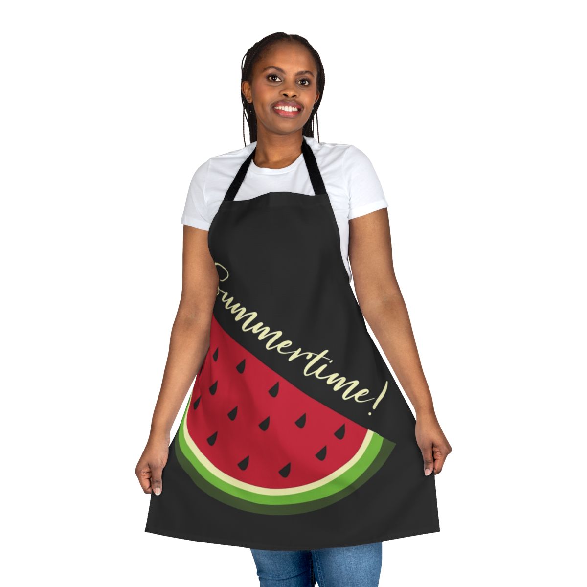 Black apron with vibrant watermelon design, perfect for summer kitchens and barbecues.