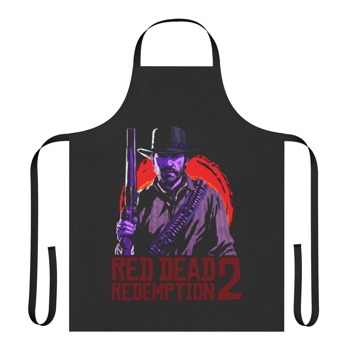 A stylish red and black apron with a cowboy hat, inspired by the hit video game Red Dead Redemption.