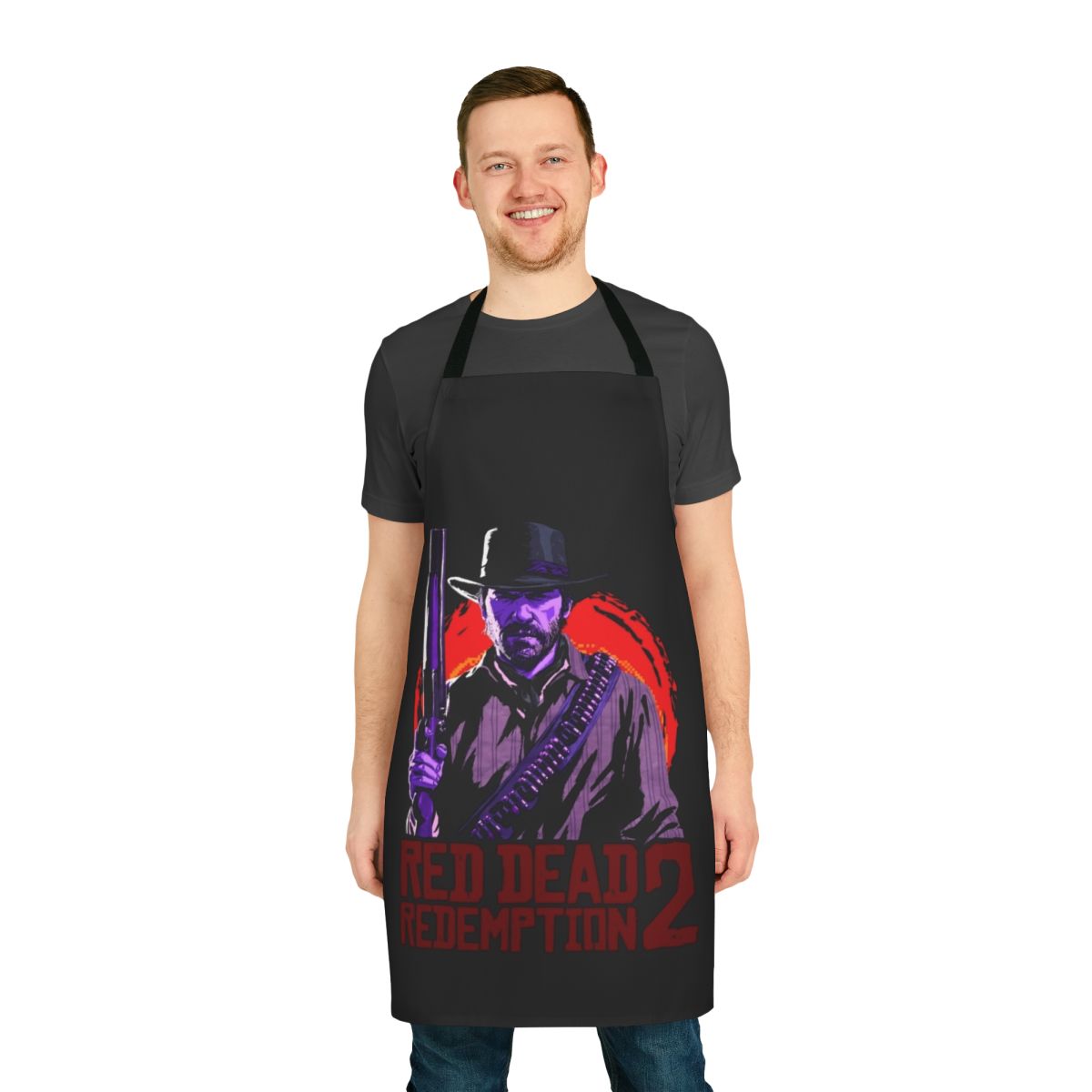A stylish red and black apron with a cowboy hat, inspired by the hit video game Red Dead Redemption.