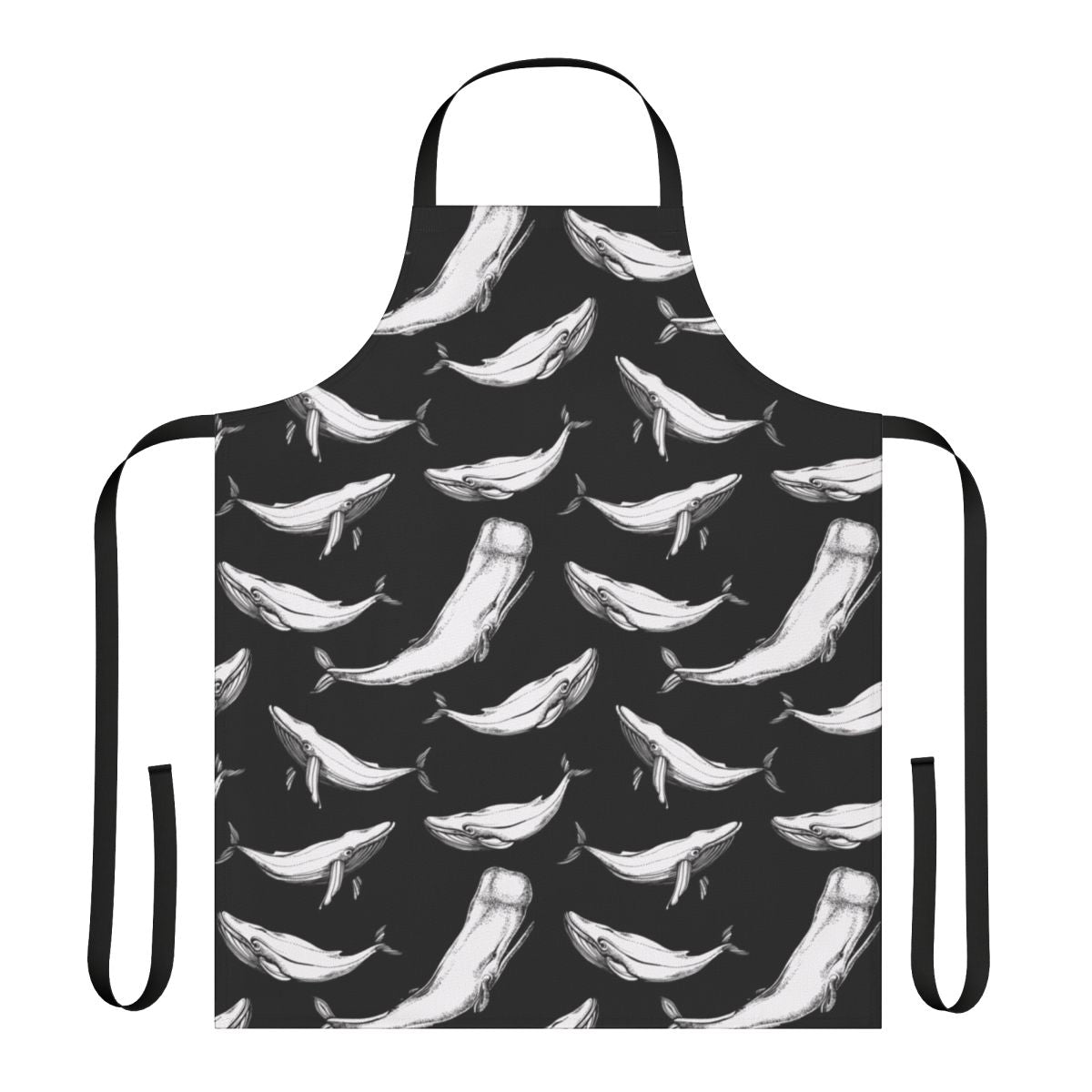 Black and white apron with a seamless repeating pattern of whales, including whale tails, flippers, and other oceanic details.