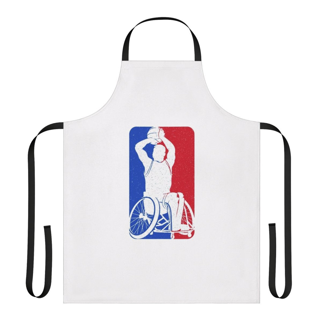 Wheelchair basketball player wearing a custom apron with the sport's logo and design.