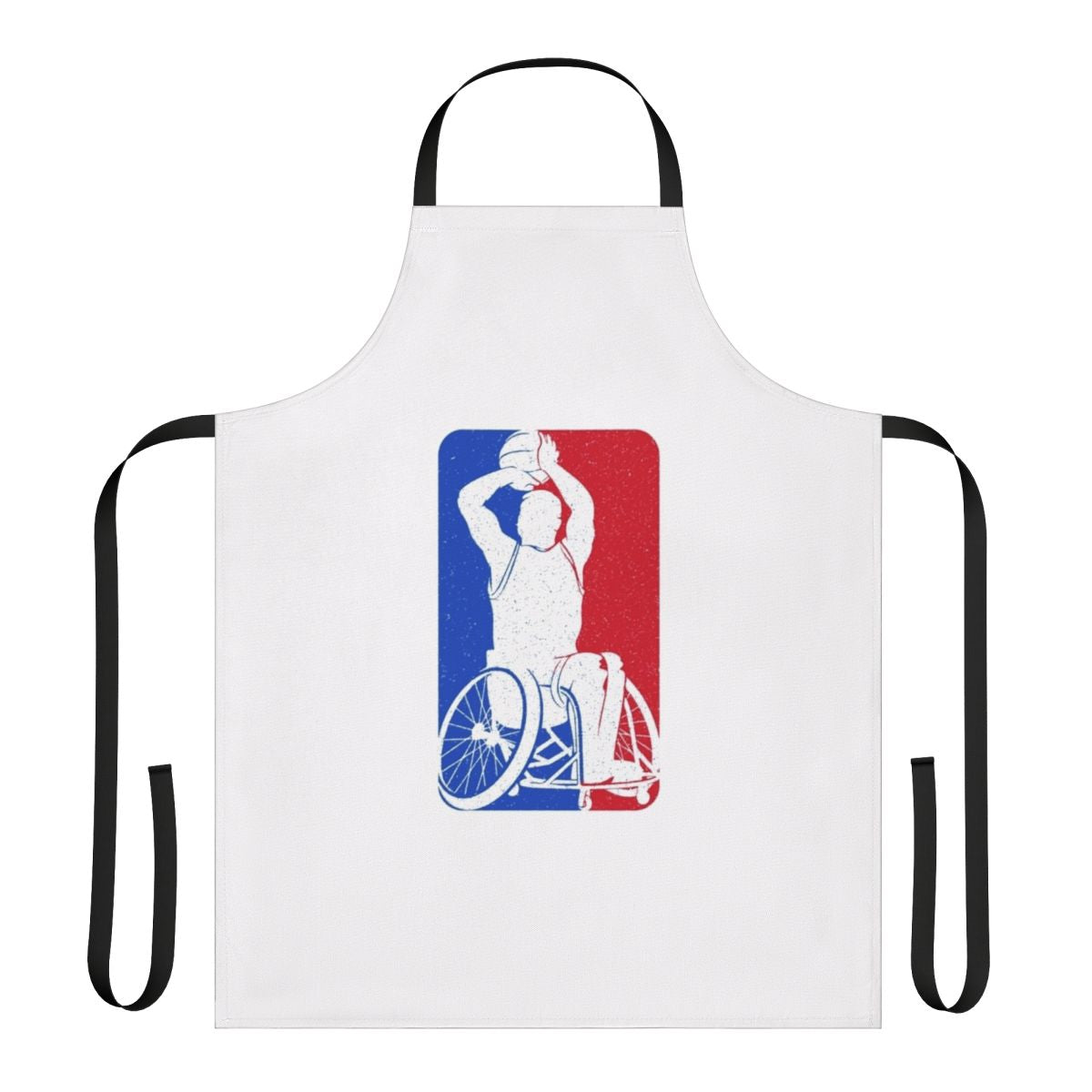 Wheelchair basketball player wearing a custom apron with the sport's logo and design.