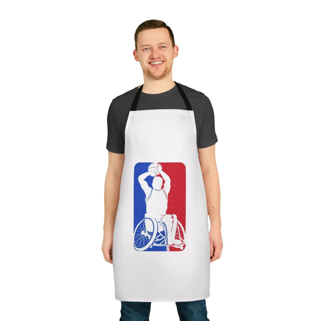 Wheelchair basketball player wearing a custom apron with the sport's logo and design.