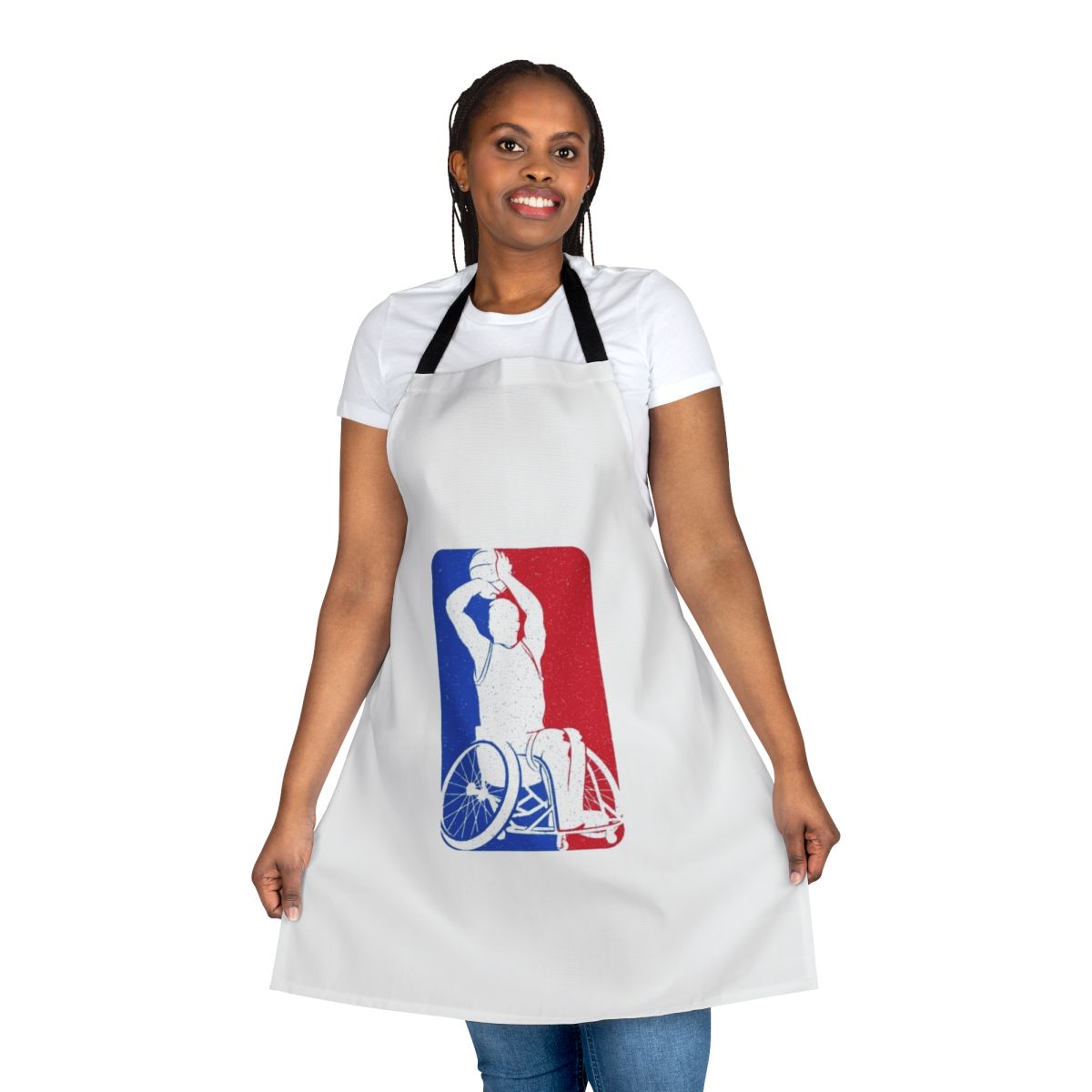Wheelchair basketball player wearing a custom apron with the sport's logo and design.