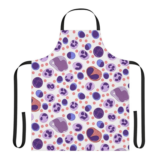 White blood cell pattern printed on a high-quality apron for medical laboratory professionals.