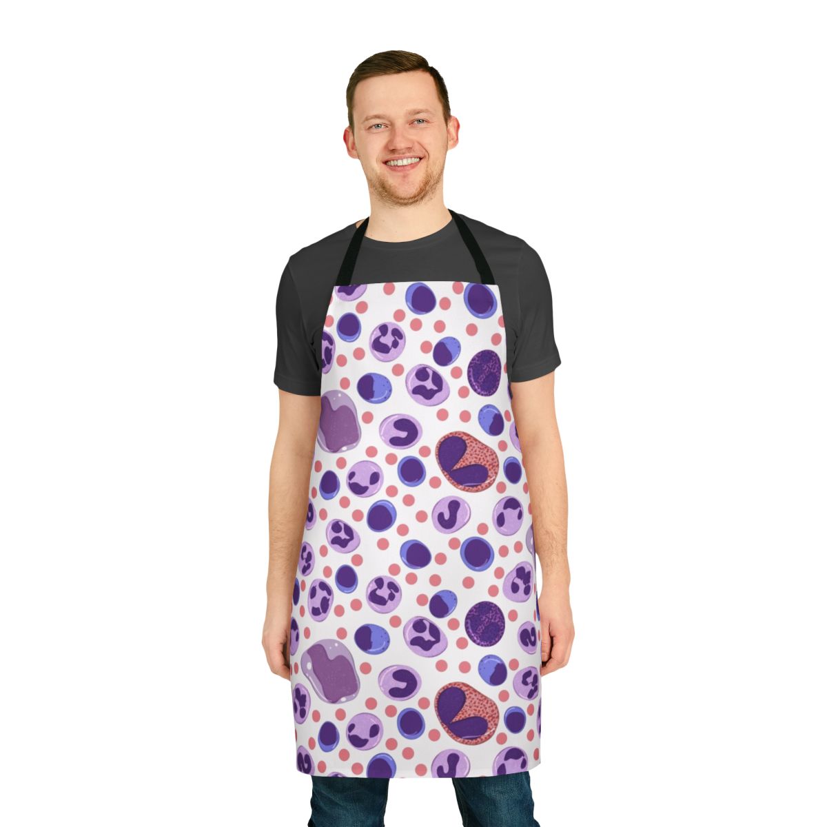 White blood cell pattern printed on a high-quality apron for medical laboratory professionals.