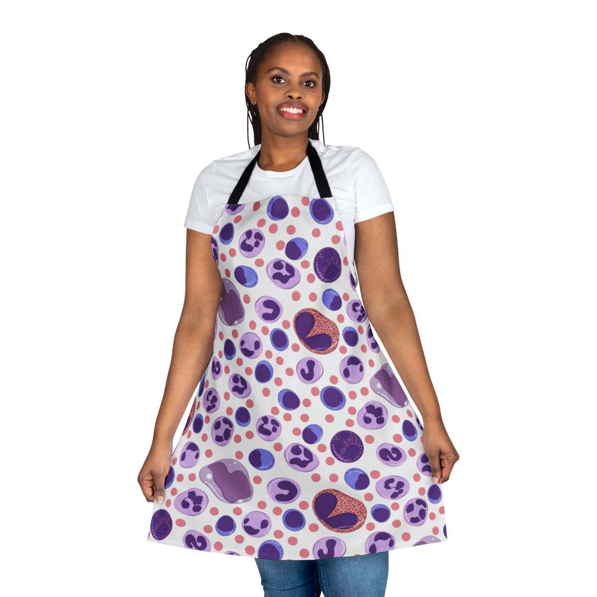 White blood cell pattern printed on a high-quality apron for medical laboratory professionals.