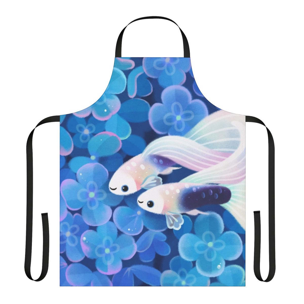 White guppy apron with tuxedo pattern and floral design