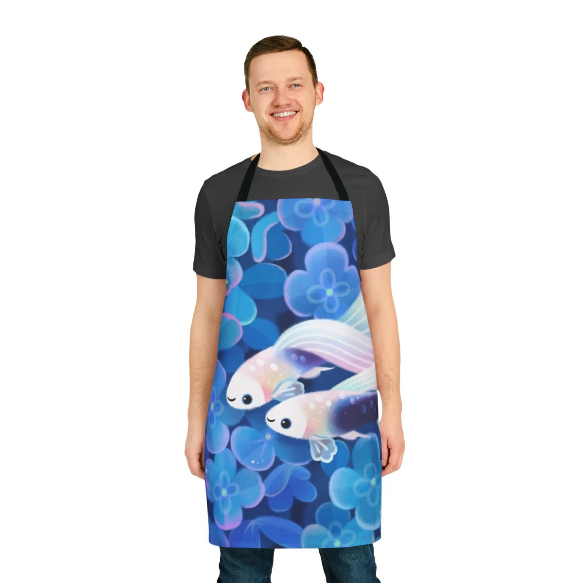 White guppy apron with tuxedo pattern and floral design