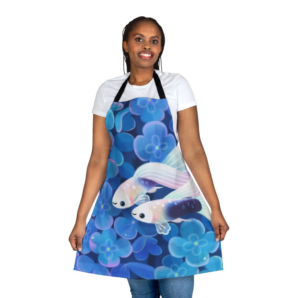 White guppy apron with tuxedo pattern and floral design