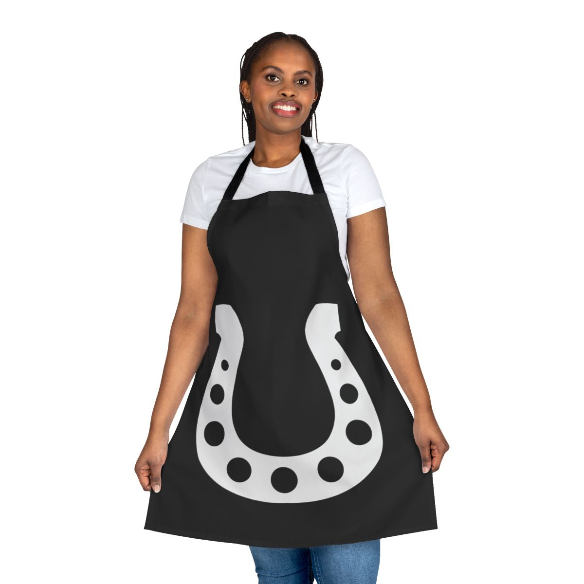 White apron with lucky horseshoe design