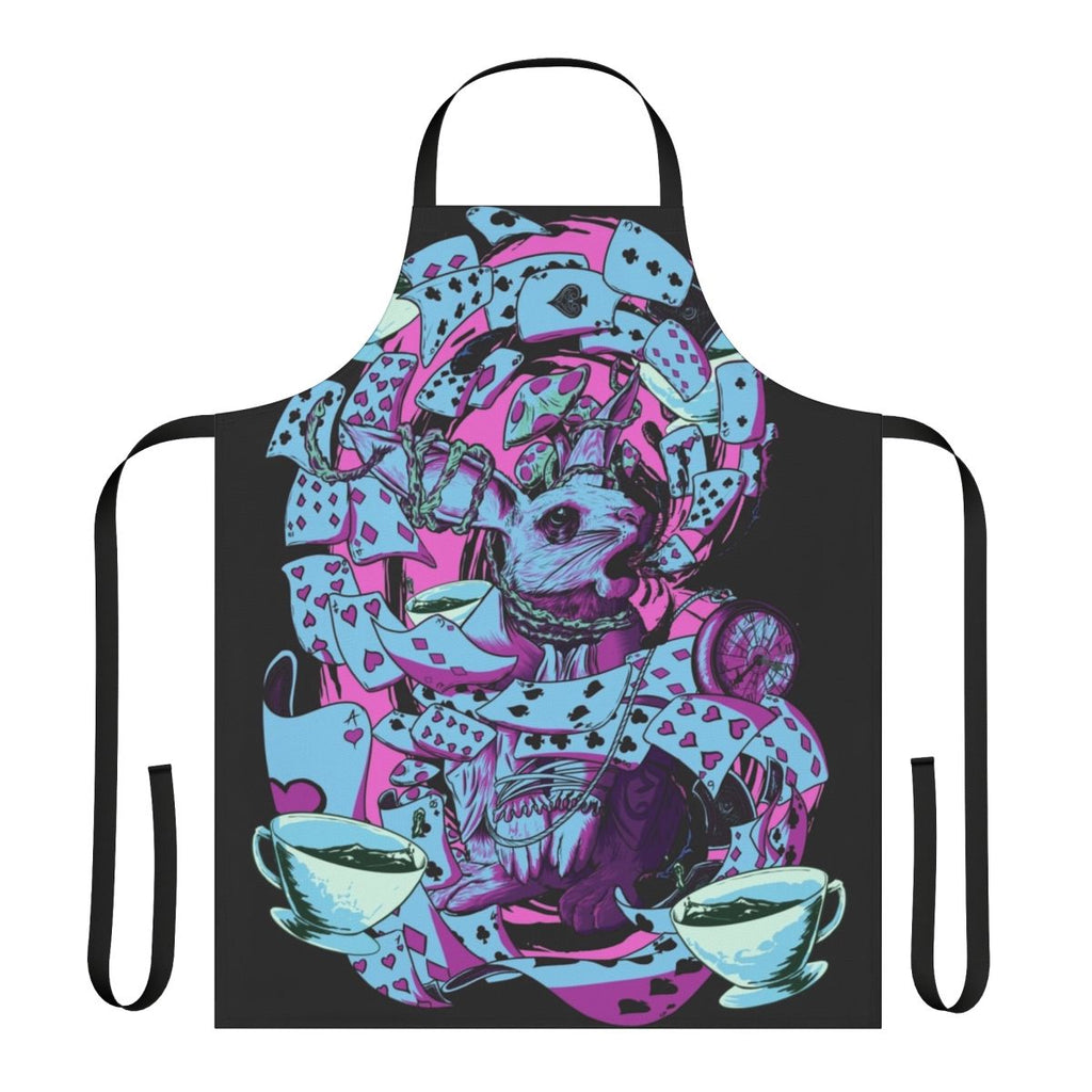 A white apron featuring the iconic White Rabbit character from the Alice in Wonderland story