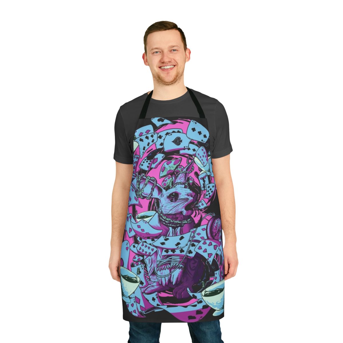 A white apron featuring the iconic White Rabbit character from the Alice in Wonderland story