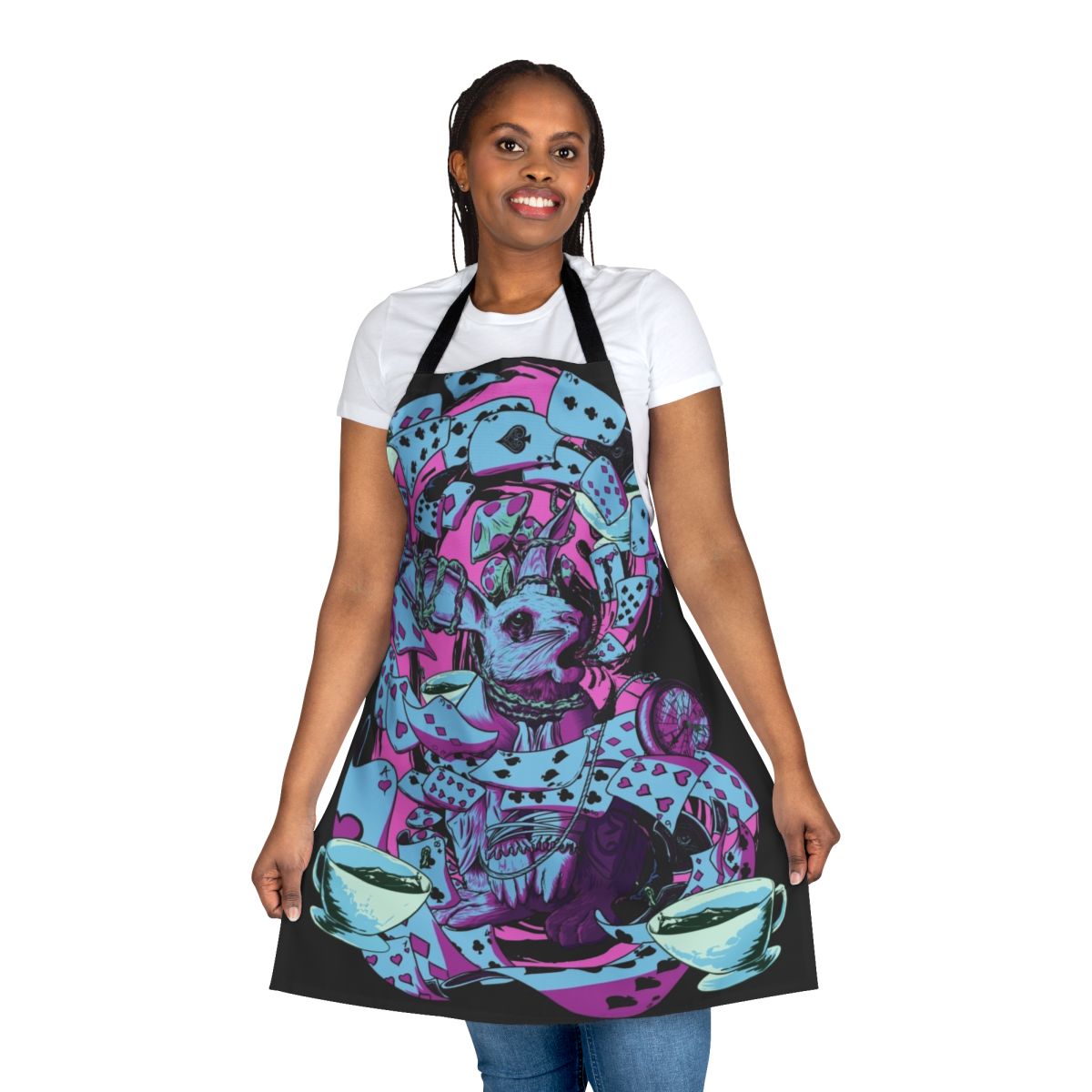 A white apron featuring the iconic White Rabbit character from the Alice in Wonderland story