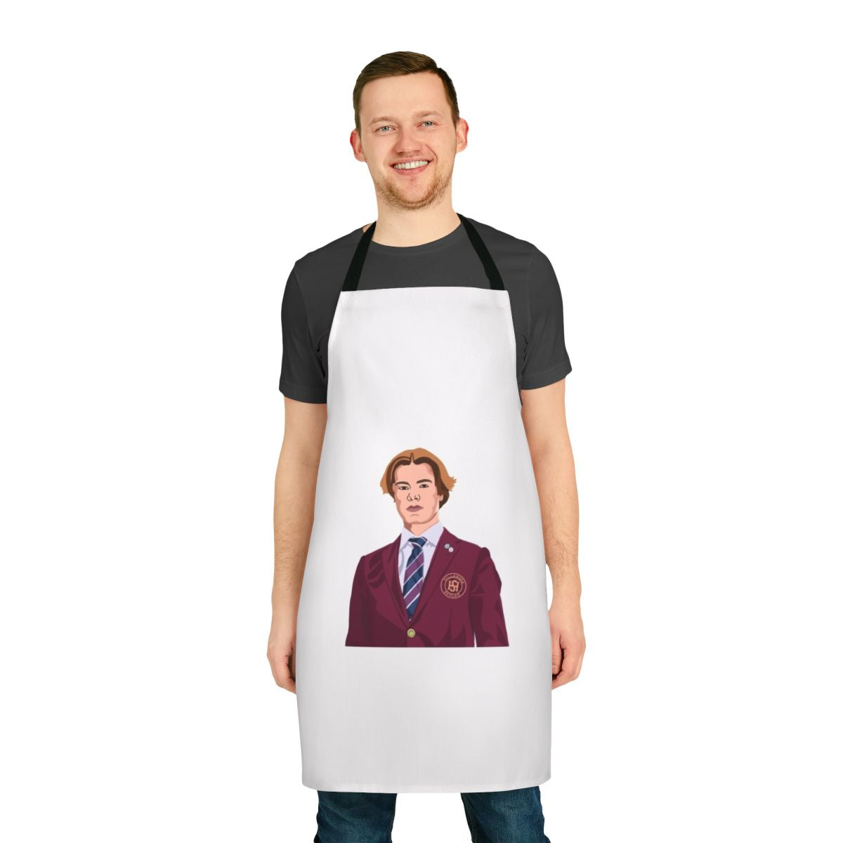 A high-quality apron featuring the character Wilhelm from the Netflix series Young Royals.