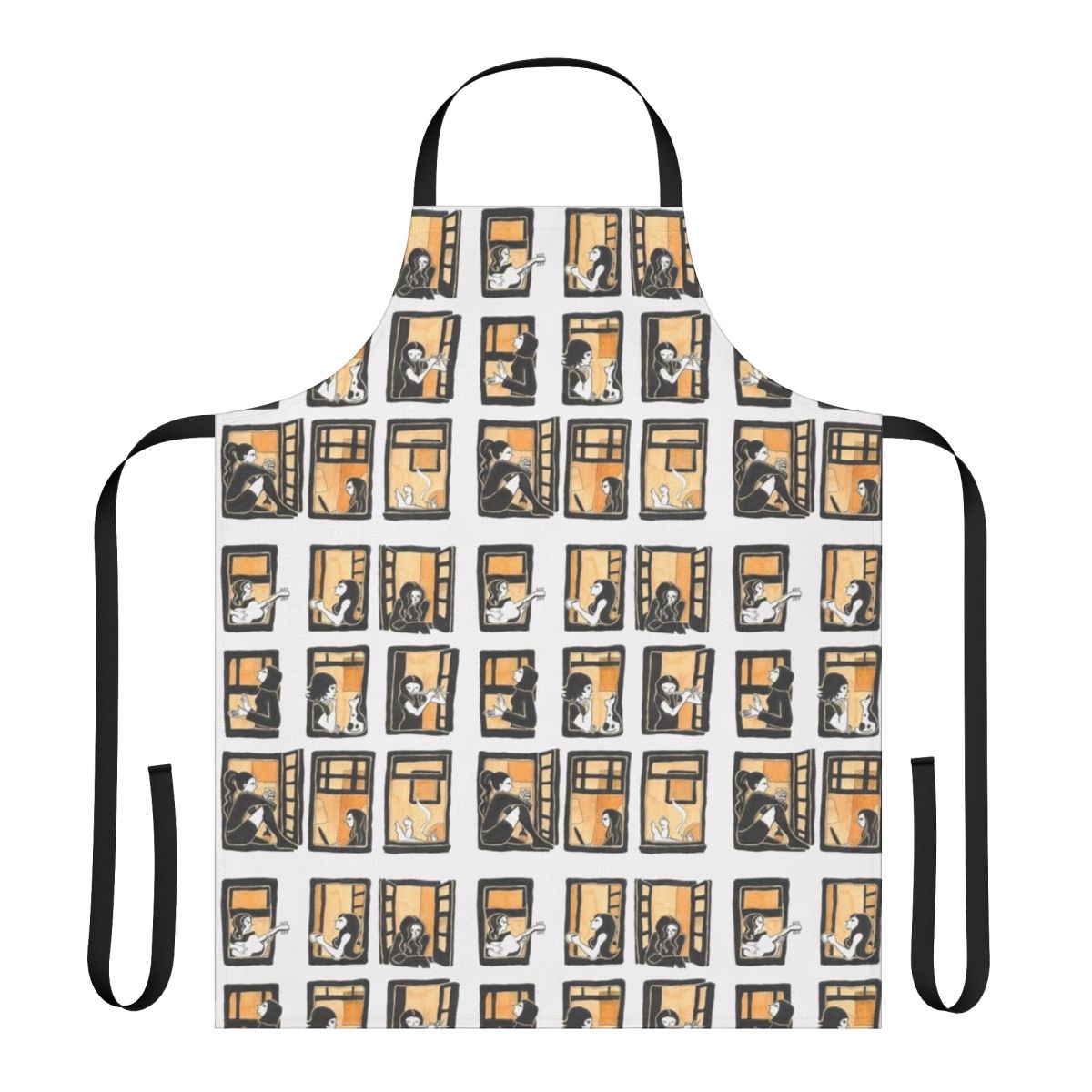 A white apron with a windows pattern, perfect for kitchen or craft use.