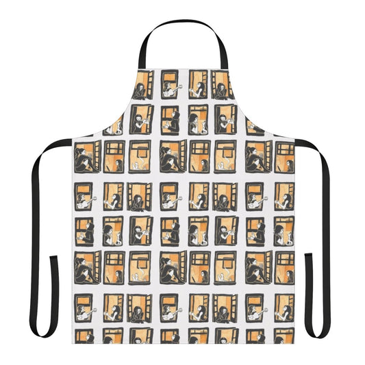 A white apron with a windows pattern, perfect for kitchen or craft use.