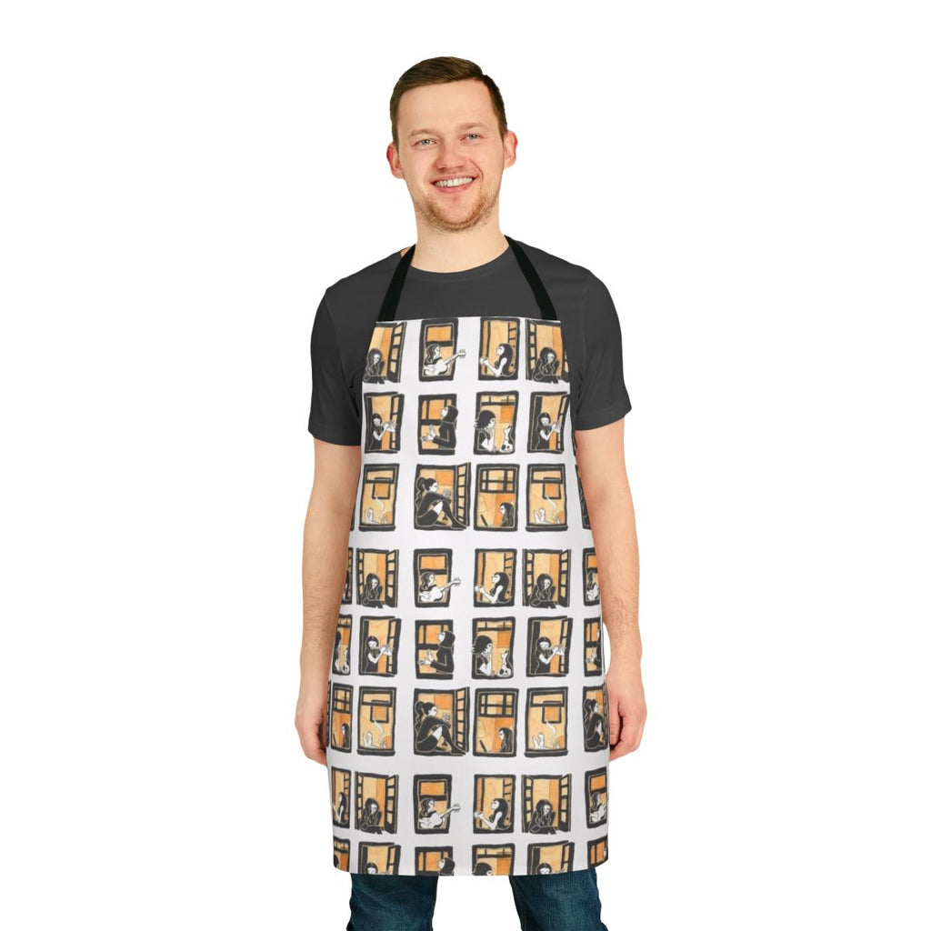 A white apron with a windows pattern, perfect for kitchen or craft use.