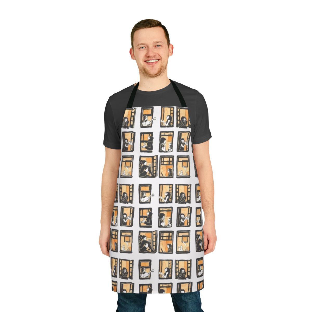A white apron with a windows pattern, perfect for kitchen or craft use.