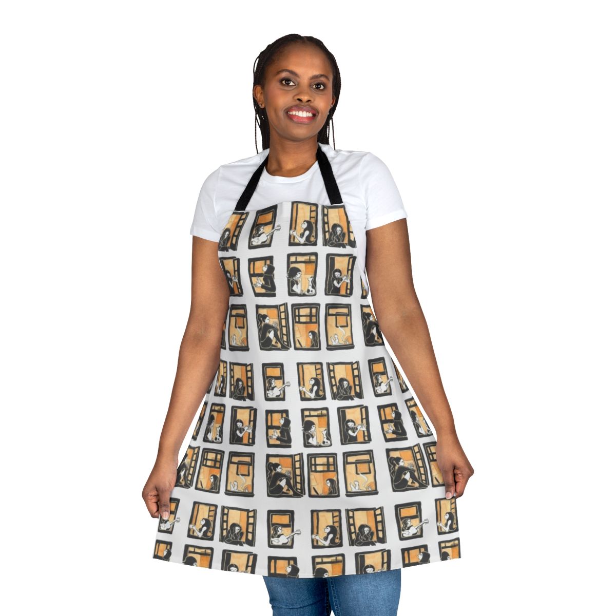 A white apron with a windows pattern, perfect for kitchen or craft use.