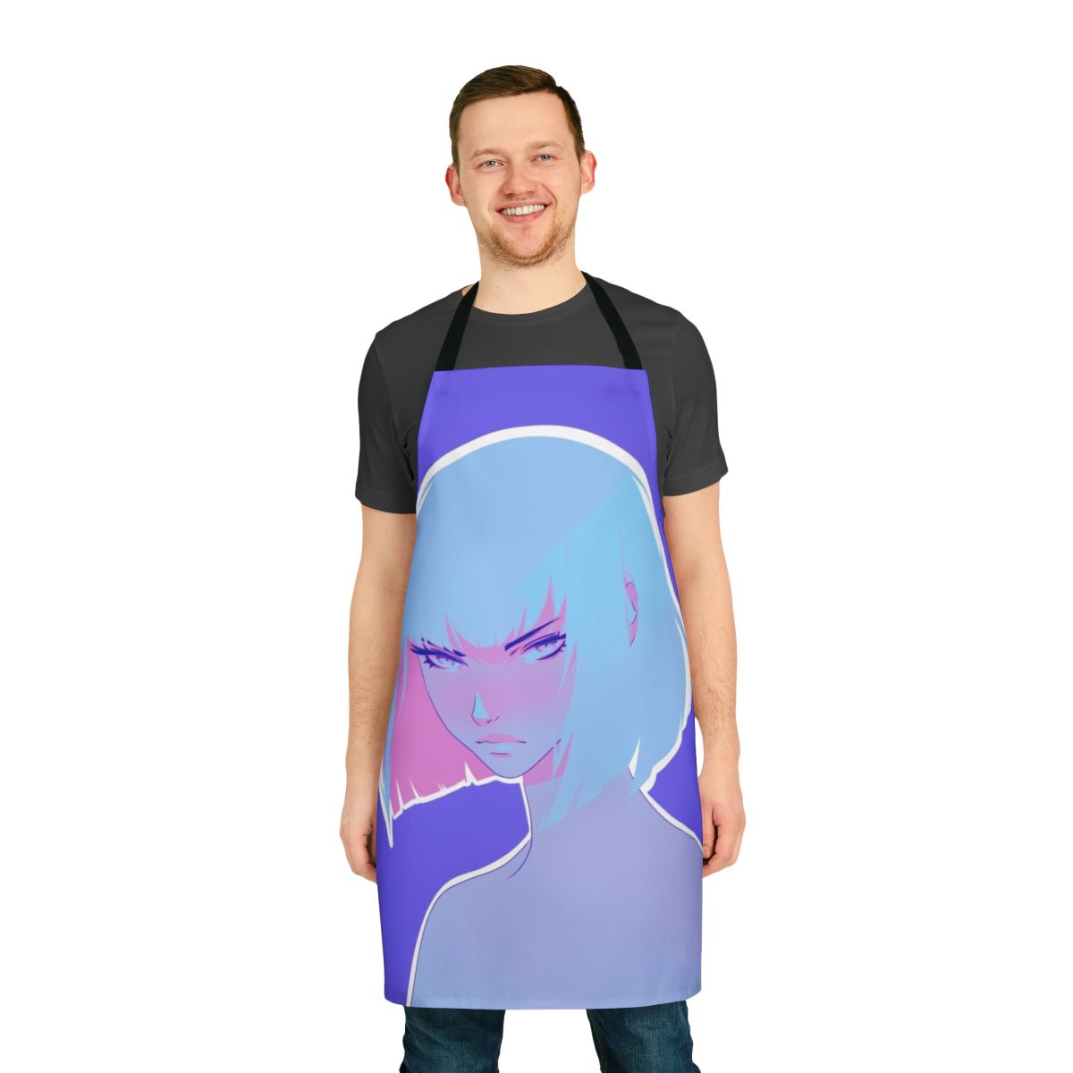 Vibrant winter apron with a colorful, manga-style illustration