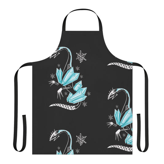 Illustration of a winged, icy-blue dragon in a whimsical cartoon style, designed for a high-quality kitchen apron.