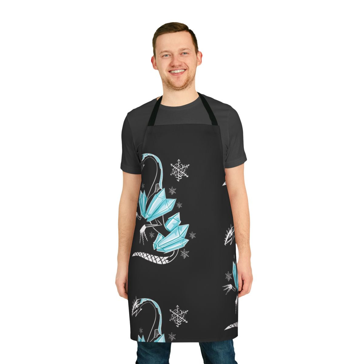 Illustration of a winged, icy-blue dragon in a whimsical cartoon style, designed for a high-quality kitchen apron.