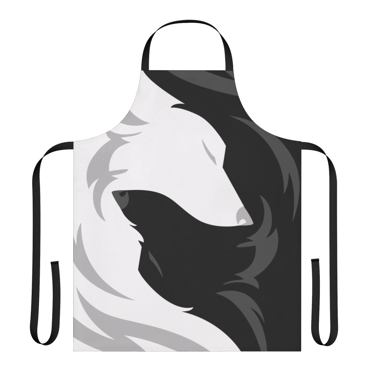 Monochrome apron featuring a graphic illustration of two wolves or foxes cuddling in a yin-yang style design.