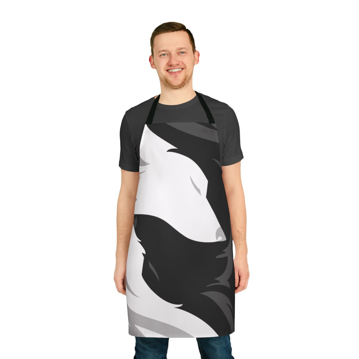 Monochrome apron featuring a graphic illustration of two wolves or foxes cuddling in a yin-yang style design.