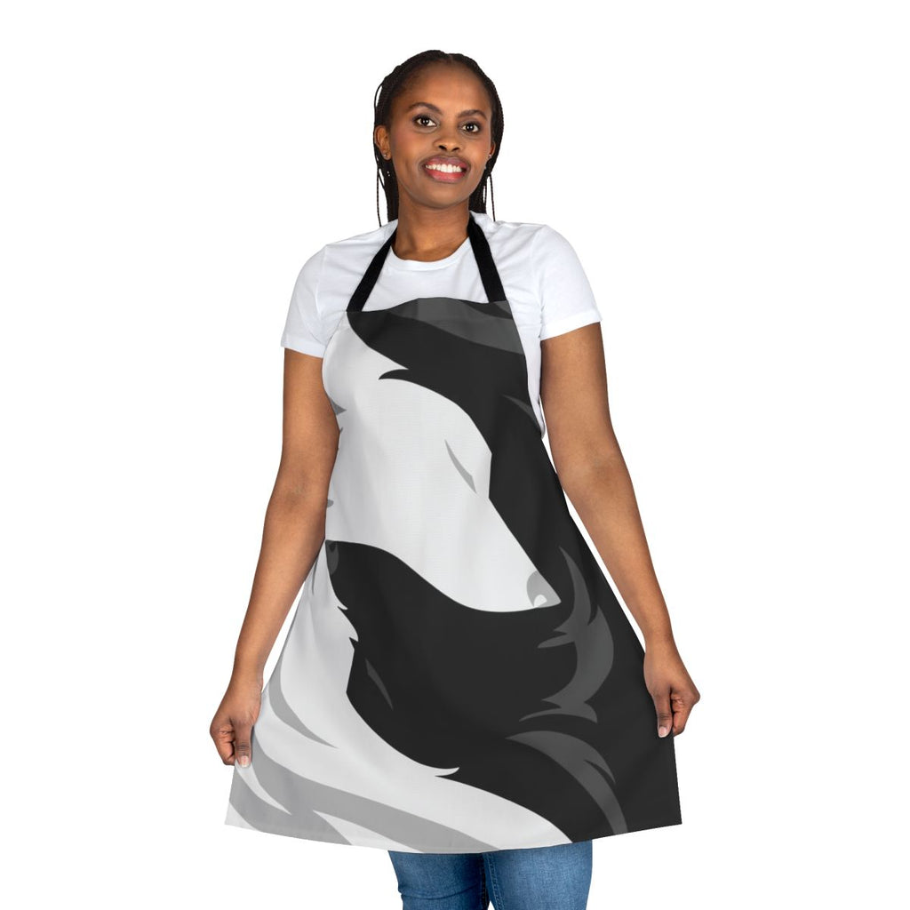 Monochrome apron featuring a graphic illustration of two wolves or foxes cuddling in a yin-yang style design.