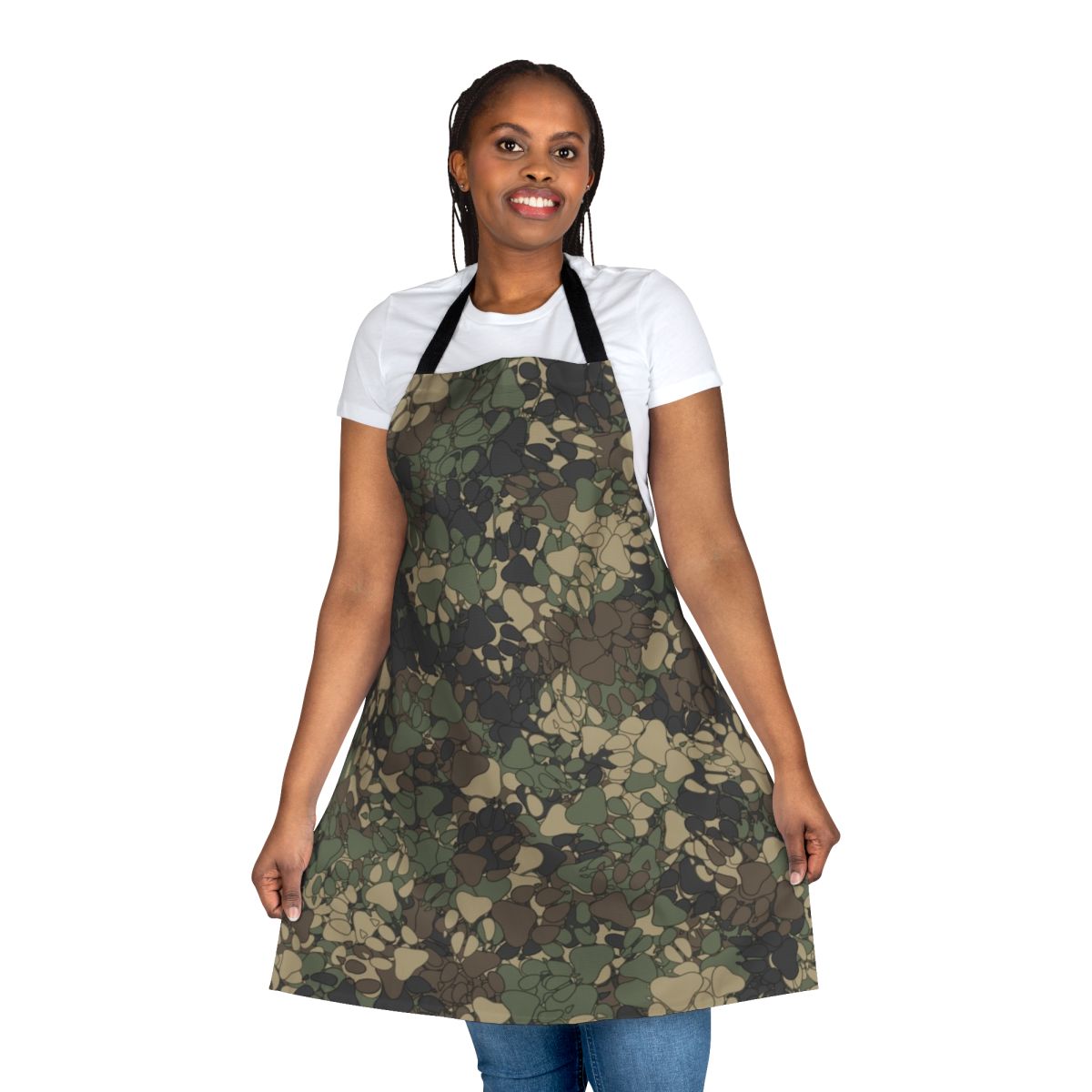 A high-quality apron featuring a wolf paw print camouflage pattern, perfect for outdoor cooking and hunting enthusiasts.