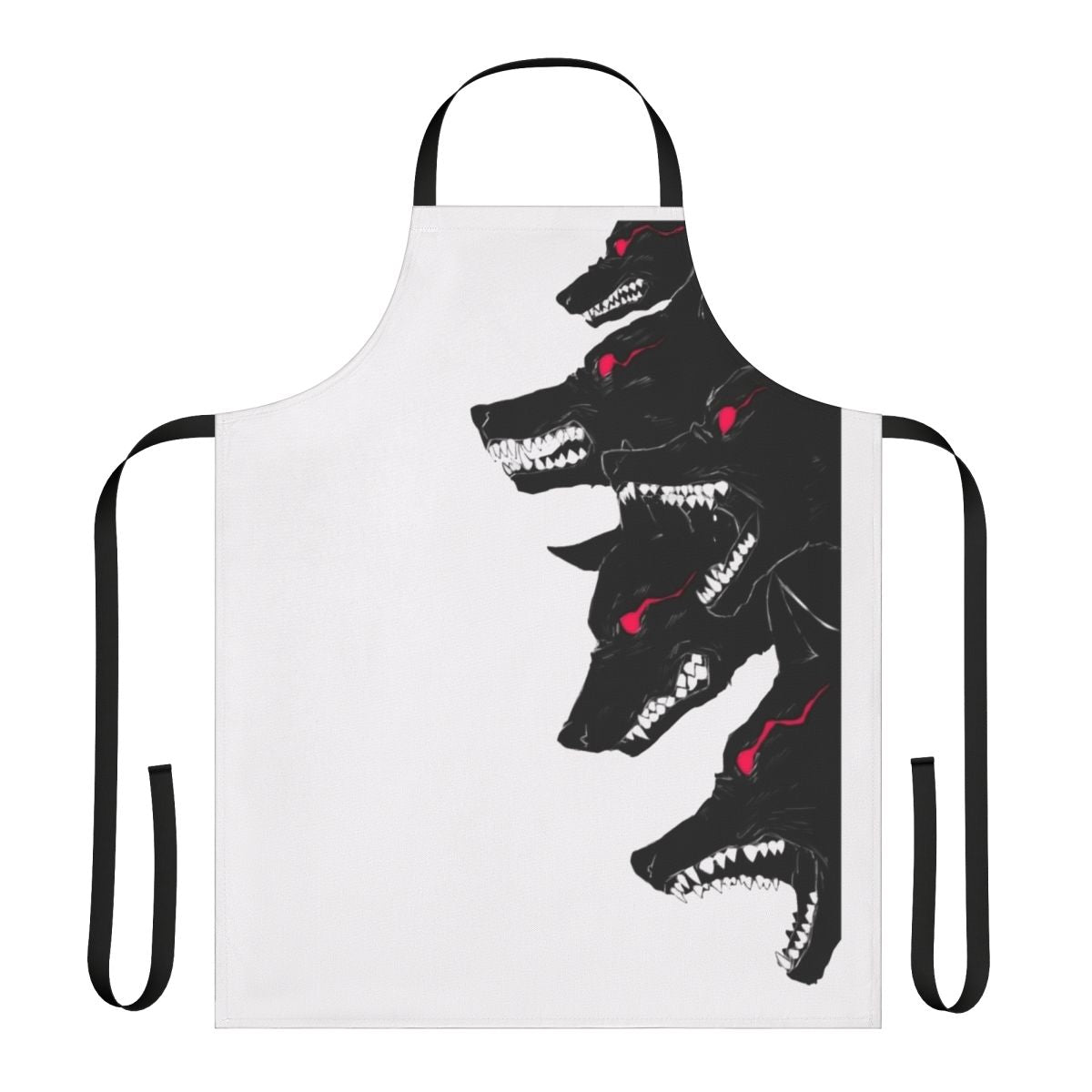 A sleek, black and red wolf-themed apron with a unique design.