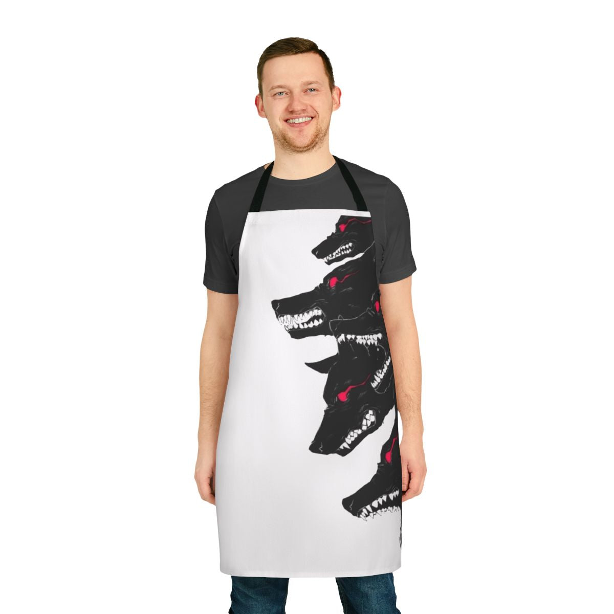 A sleek, black and red wolf-themed apron with a unique design.